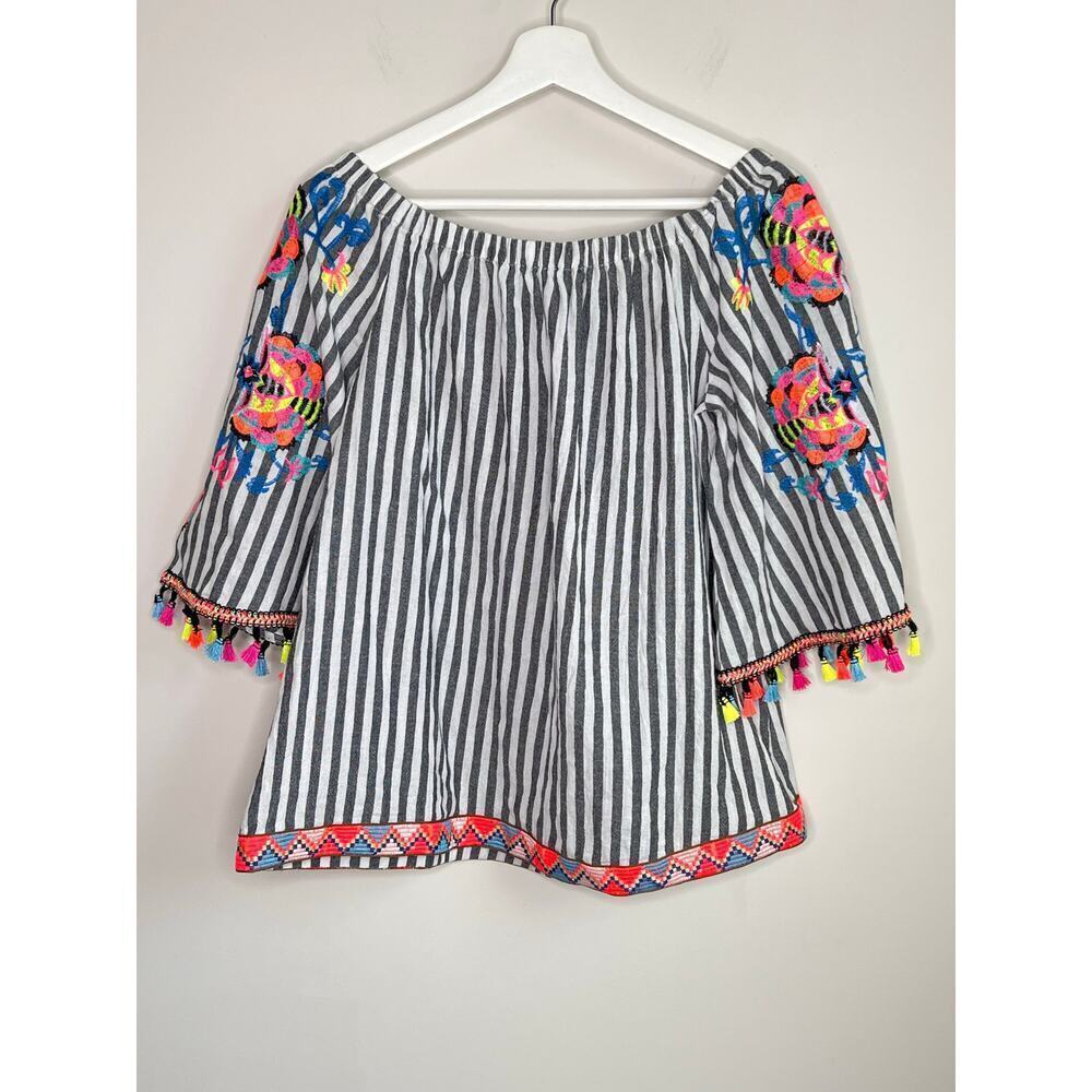 See And Be Seen Striped Off-Shoulder Half Sleeve Blouse Black/Multi Womens S NWT